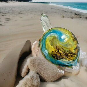Sea Turtle Art Glass Paperweight Figurine Hand Blown Swirl Yellow Turqoise